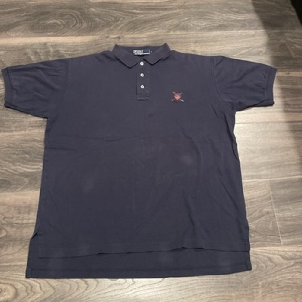 Vintage Polo Ralph Lauren Shirt Mens L Navy Blue Crest Shield Logo Distressed